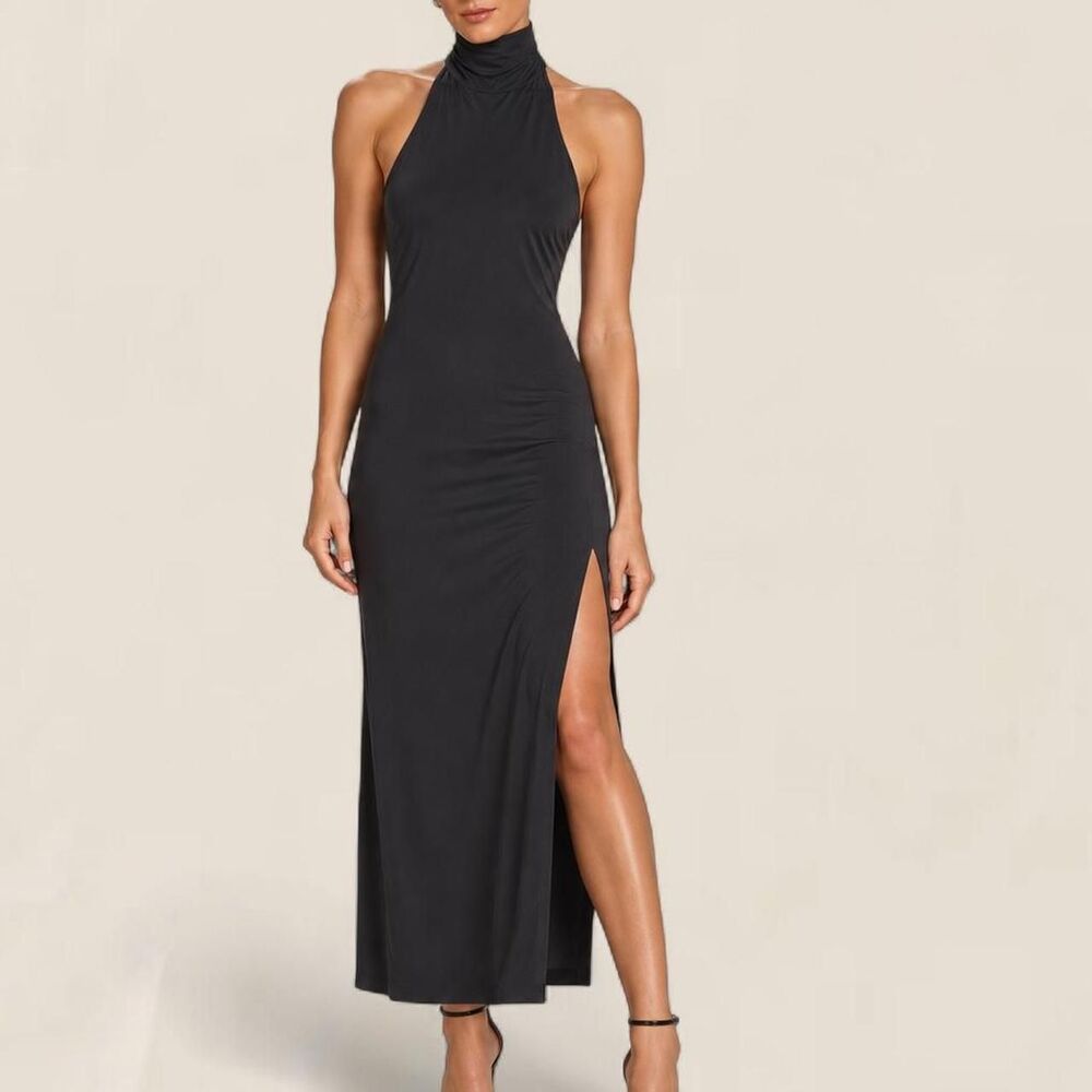 Norma Kamali Black Halter Turtle Side Slit Gown Maxi dress small nwt formal